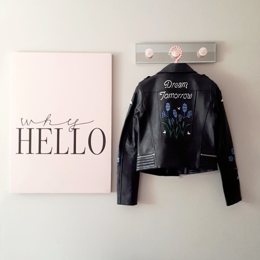 NWT Maje black leather patch embroidered “Dream Tomorrow” moto biker jacket, S - Picture 9 of 15